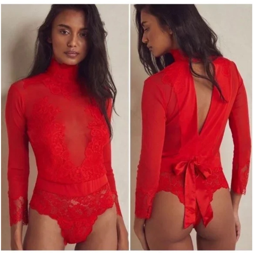NWT $148 Free People Take HAH Bow Bodysuit Large Red Sheer Lace S L  XL